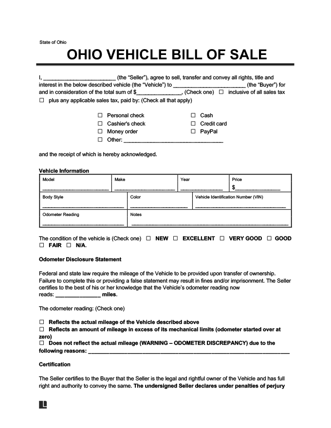 Free Ohio Bill Of Sale Forms PDF Word