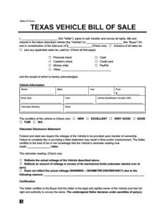 Free Texas Motor Vehicle Bill of Sale Form | Legal Templates