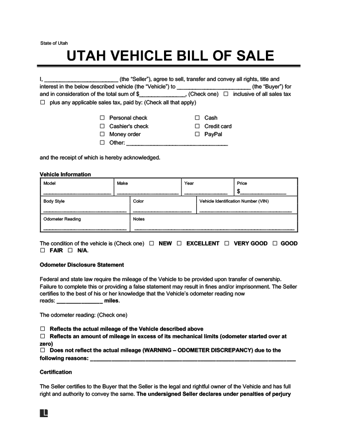Free Utah Bill of Sale Forms PDF Word