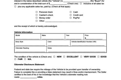 Washington DC Vehicle Bill of Sale