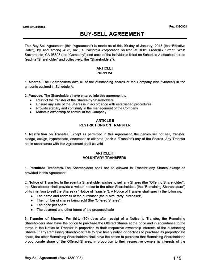Buy Sell Agreement Template Form Legal Templates