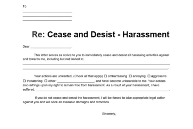 Sample of a cease and desist letter for harassment