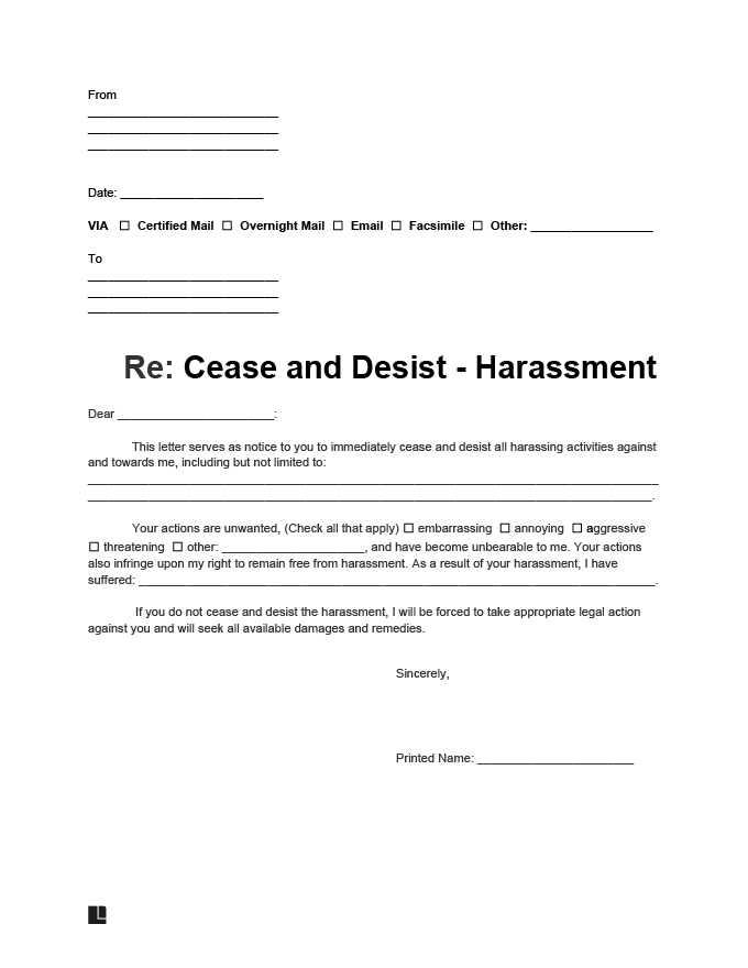 cease and desist letter for harassment
