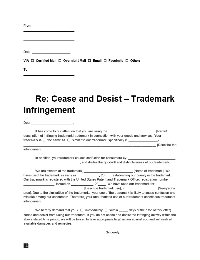 cease and desist letter for trademark infringement