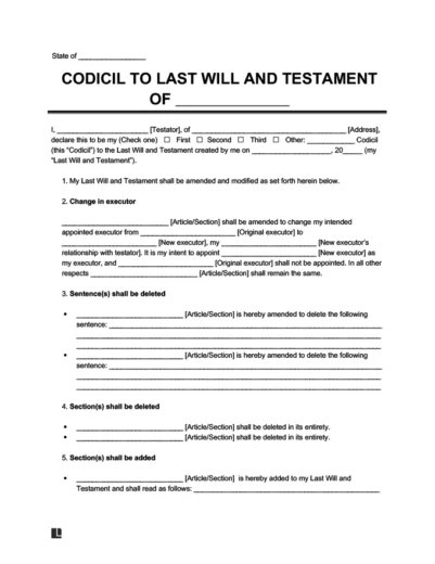 Sample of a codicil form to amend a last will and testament