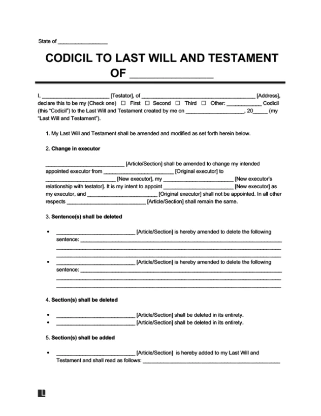 Sample of a codicil form to amend a last will and testament