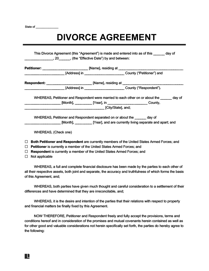Divorce Financial Settlement Agreement Template