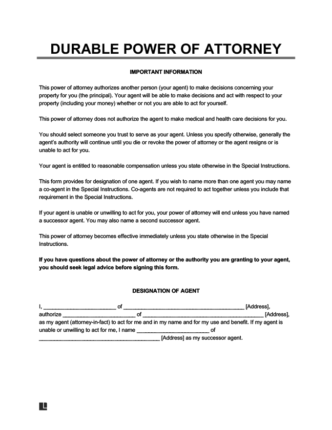 Durable Power Of Attorney Form Free Printable