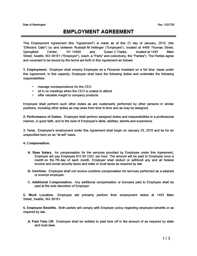 free employment contract standard employee agreement template