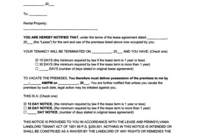 Pennsylvania 15 day Lease Termination Letter