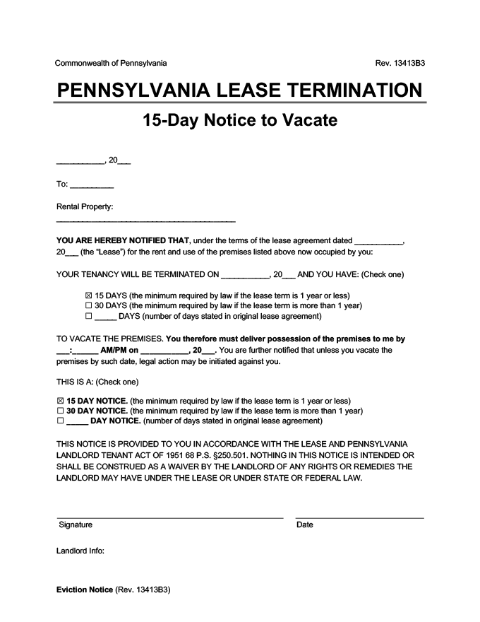 Pennsylvania 15 day Lease Termination Letter
