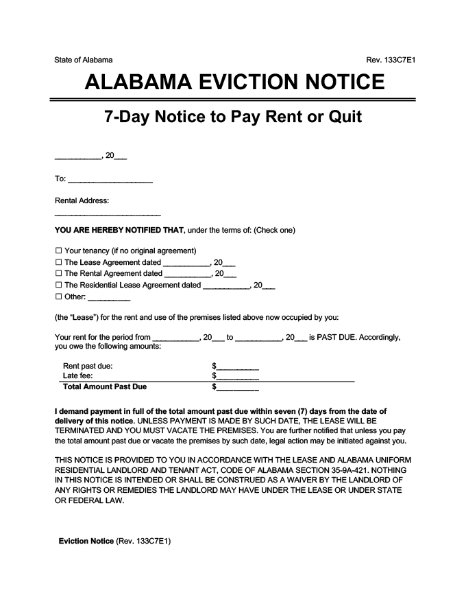 alabama eviction notice 7 day pay rent or quit
