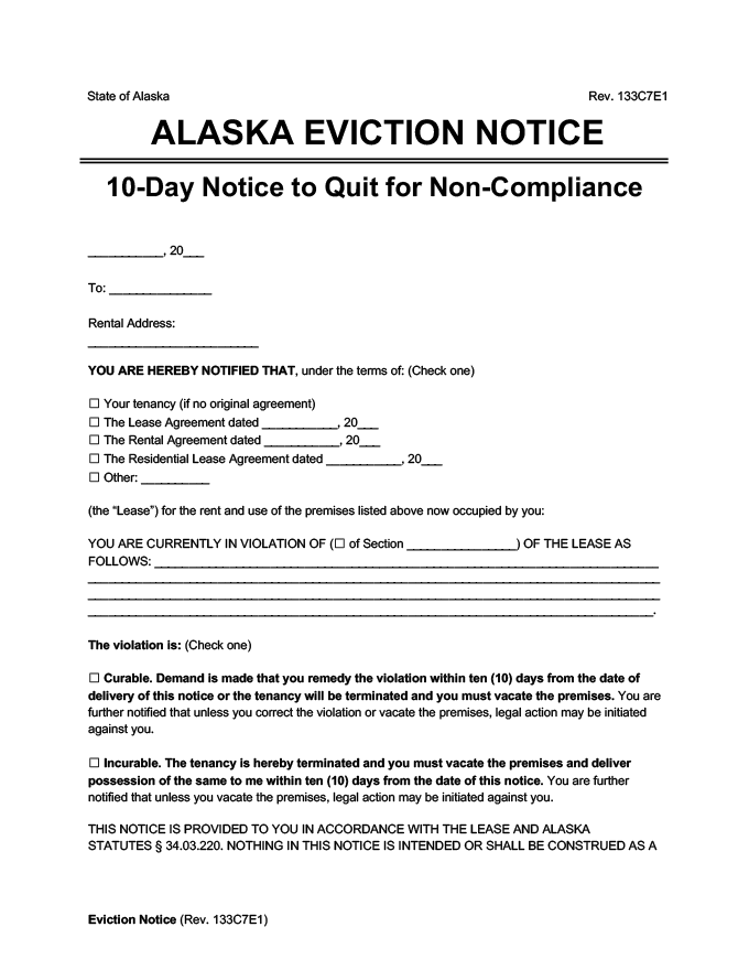 alaska eviction notice 10 day comply or quit