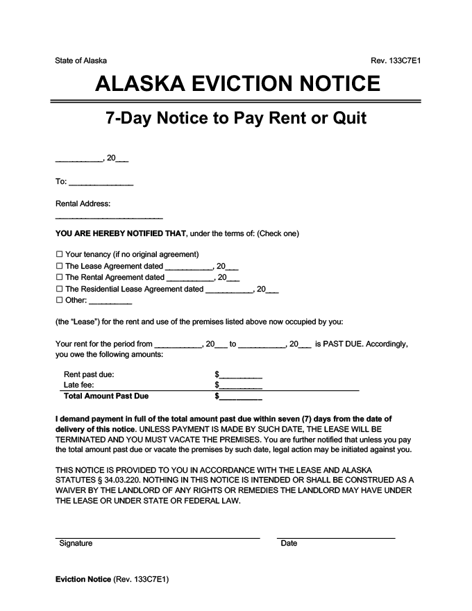alaska eviction notice 7 day pay rent or quit