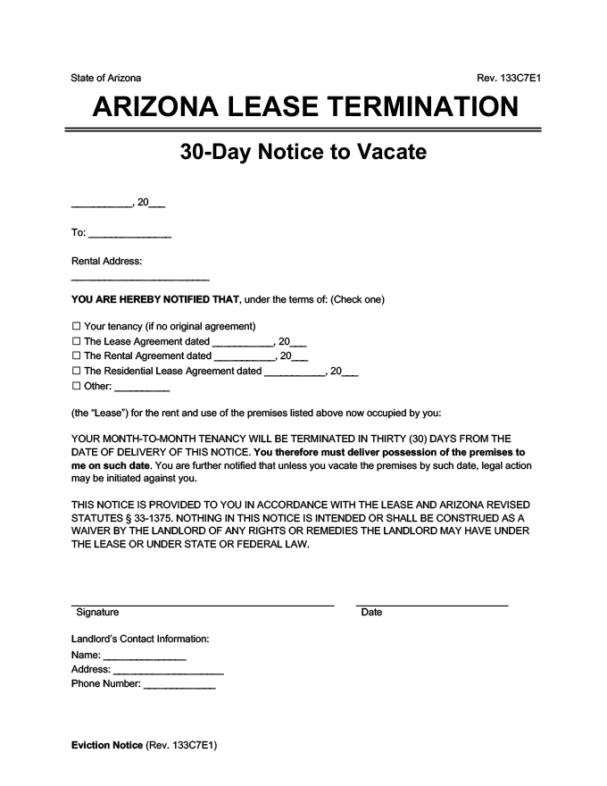 arizona 30 day lease termination