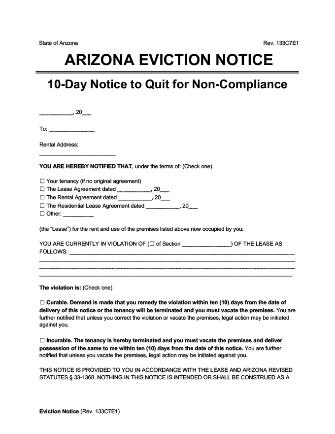 arizona eviction notice 10 day comply or quit