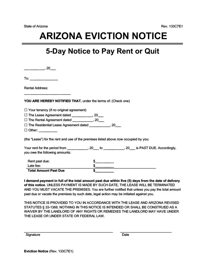 arizona eviction notice 5 day pay rent or quit