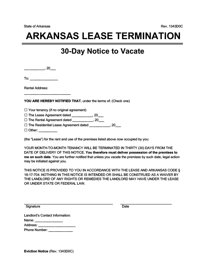 arkansas 30 day lease termination