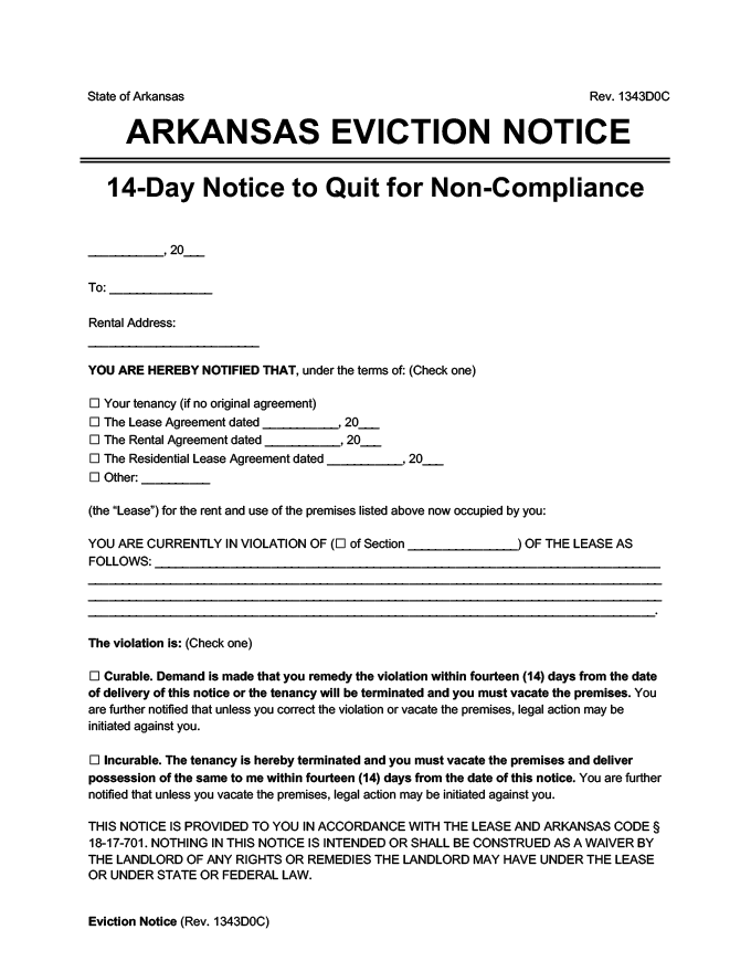 arkansas eviction notice 14 day comply or quit