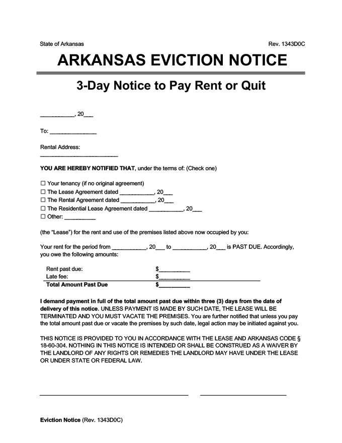 arkansas eviction notice 3 day pay rent or quit