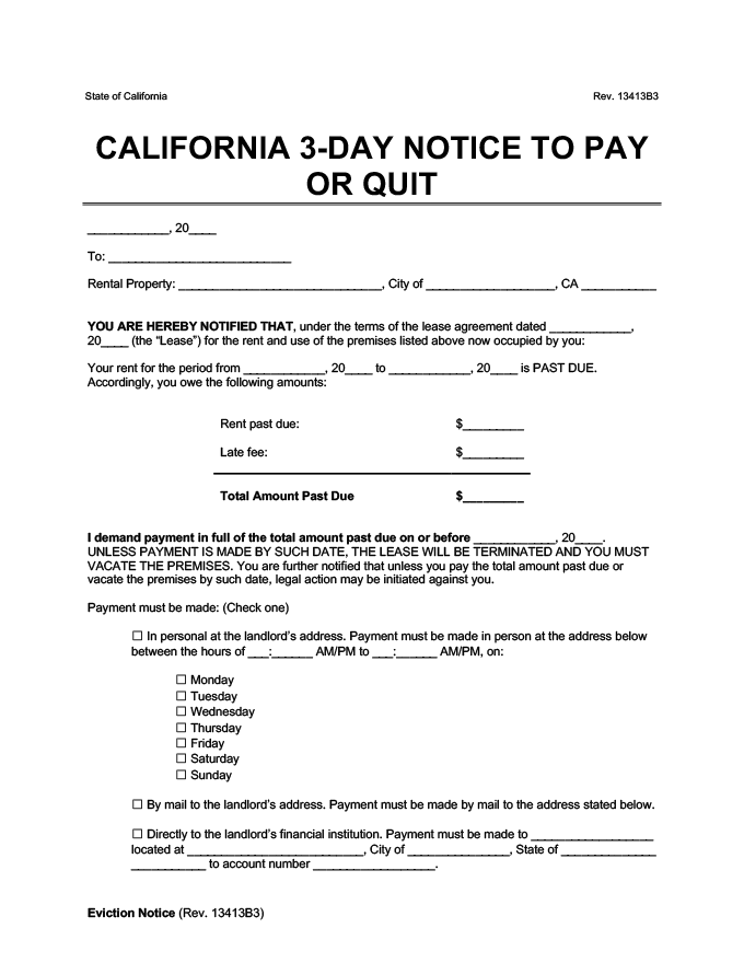 3 day notice to pay or quit california form