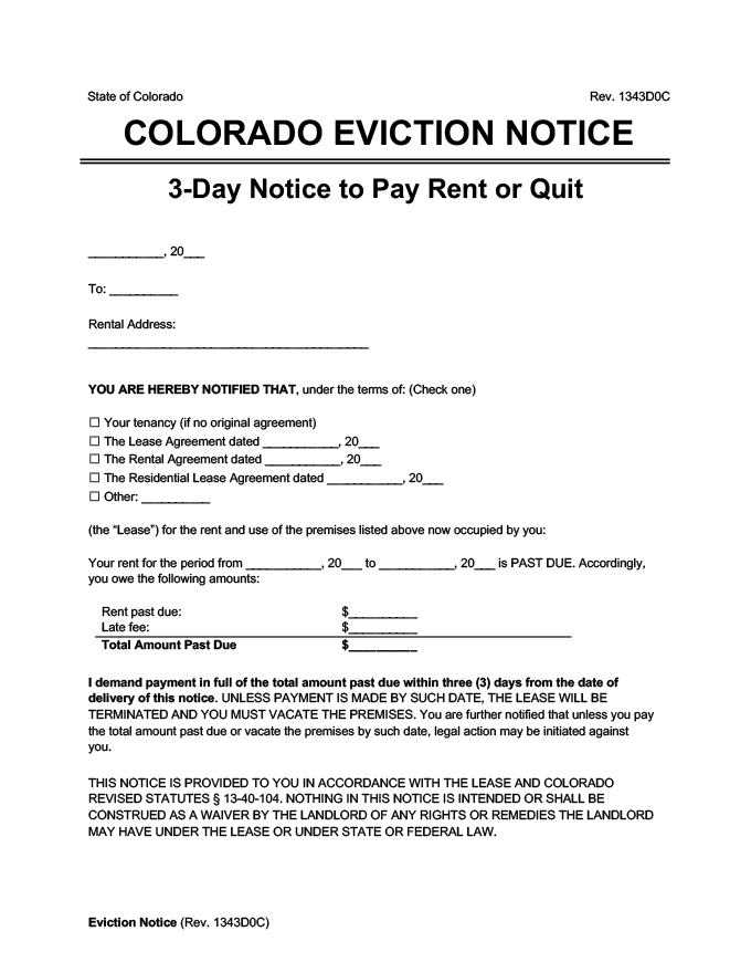 colorado eviction notice 3 day pay rent or quit