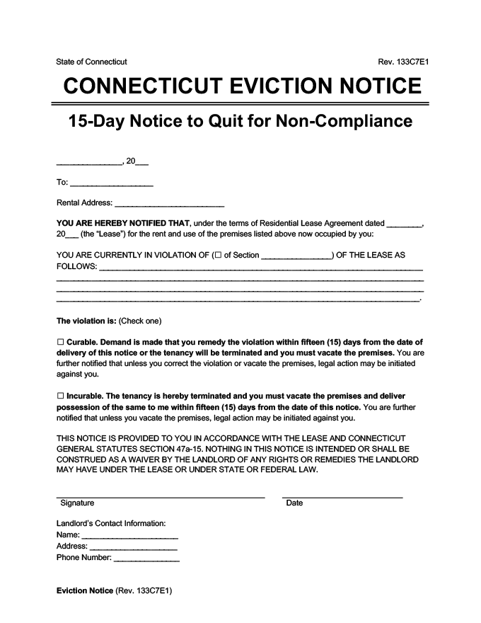 connecticut eviction notice 15 day comply or quit