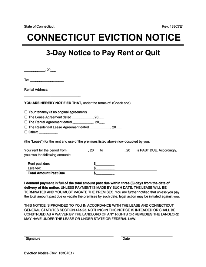 connecticut eviction notice 3 day pay rent or quit