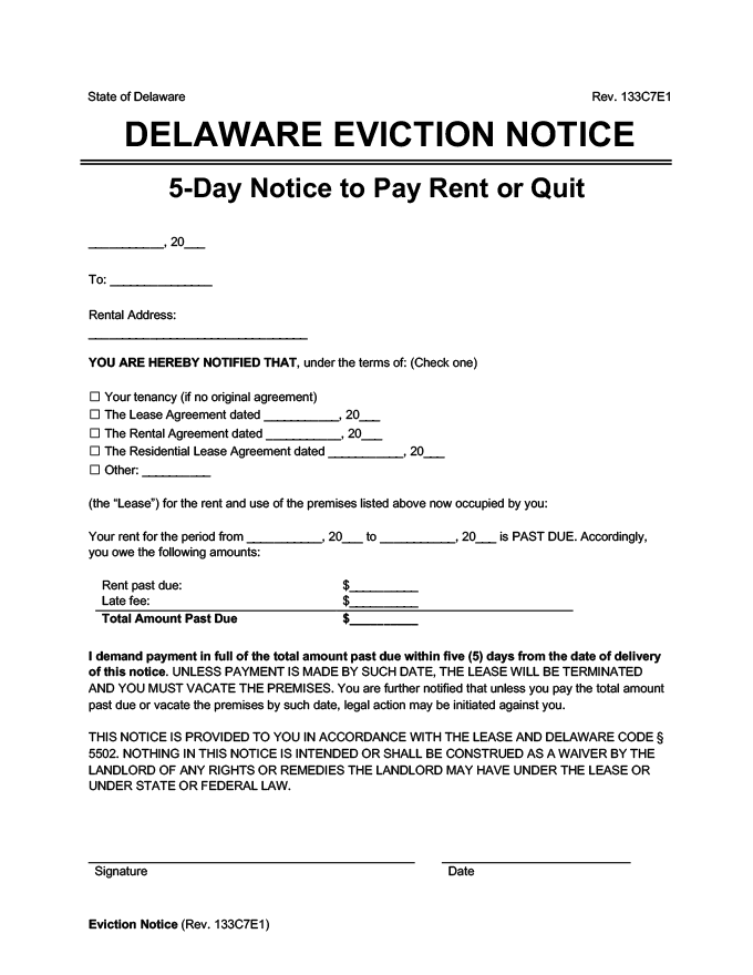 delaware eviction notice 5 day pay rent or quit