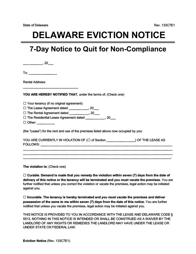 Free Delaware Eviction Notice Forms PDF Word Downloads