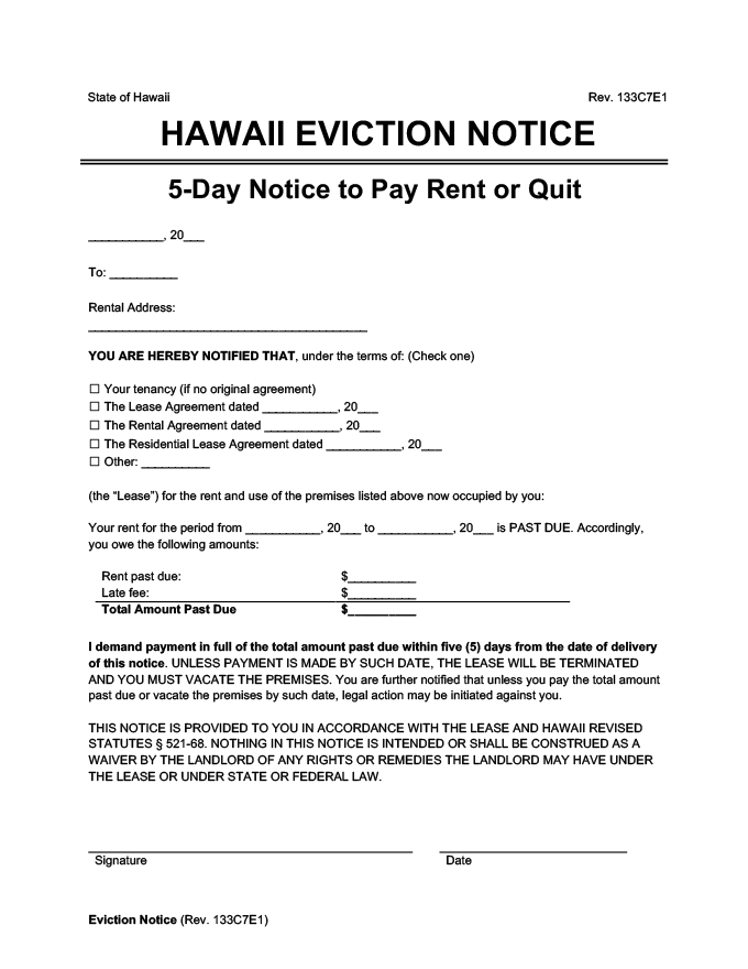 hawaii eviction notice 5 day pay rent or quit