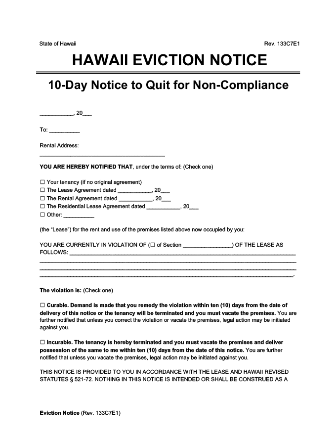 hawaii eviction notice 10 day comply or quit