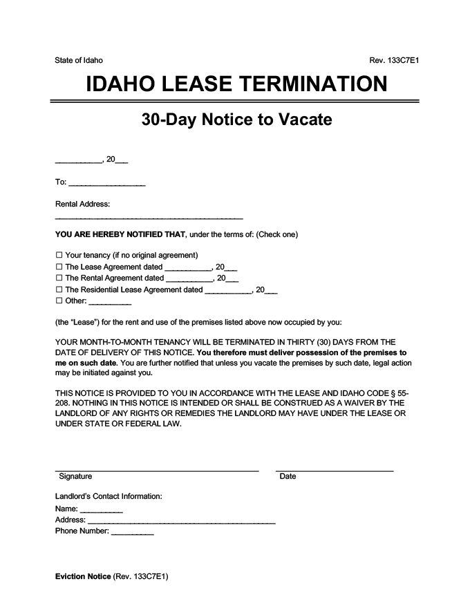 Idaho 30 day lease termination