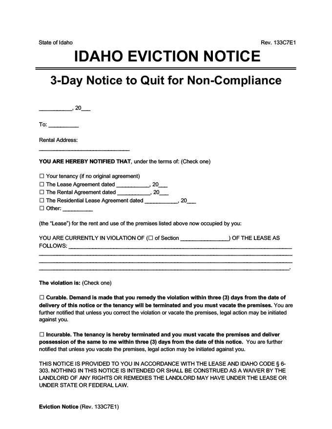 Idaho eviction notice 3 day comply or quit
