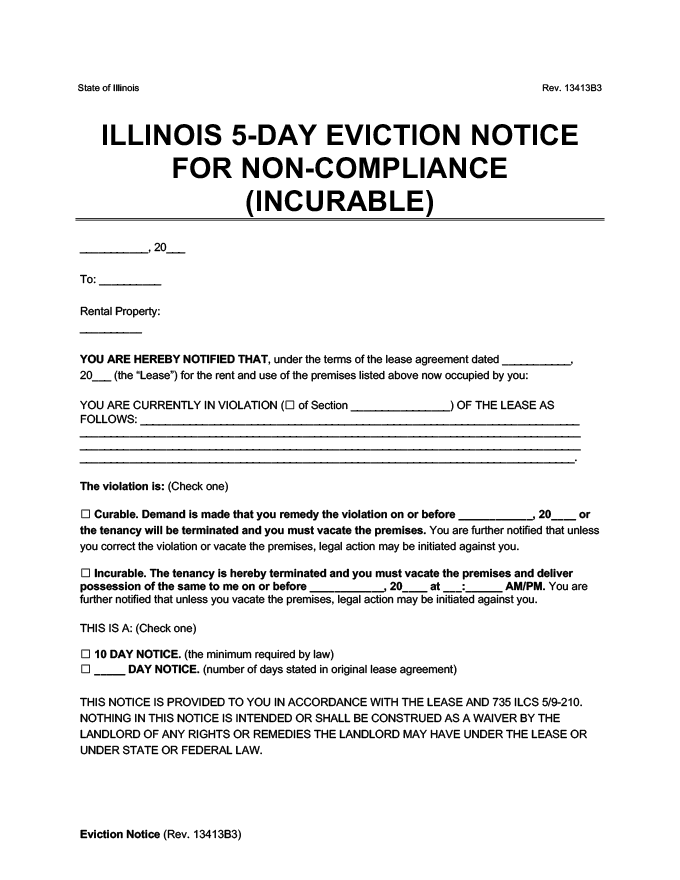 illinois 5 day eviction notice to quit for noncompliance form