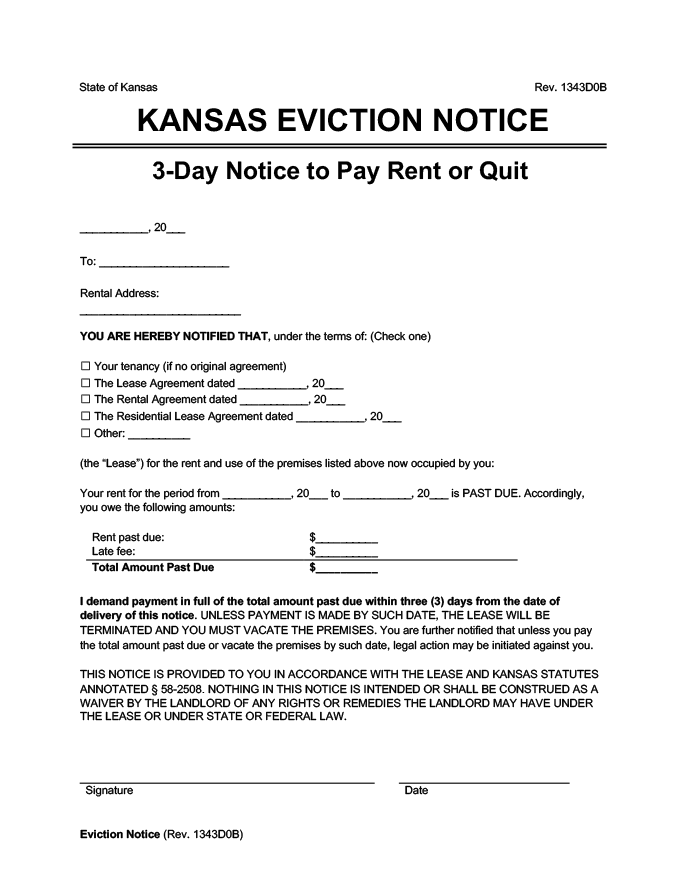Kansas eviction notice 3 day pay rent or quit