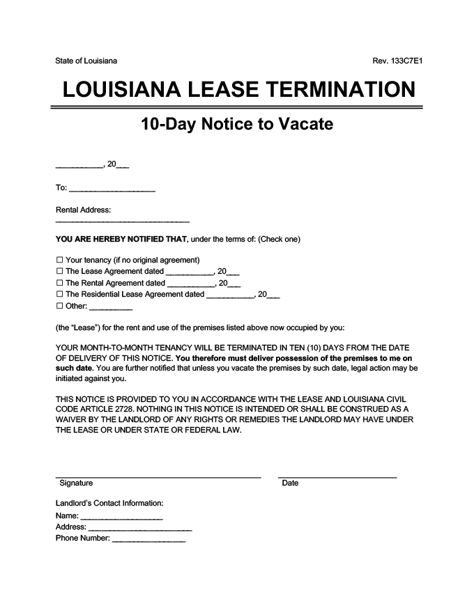 louisiana eviction notice 10 day lease termination