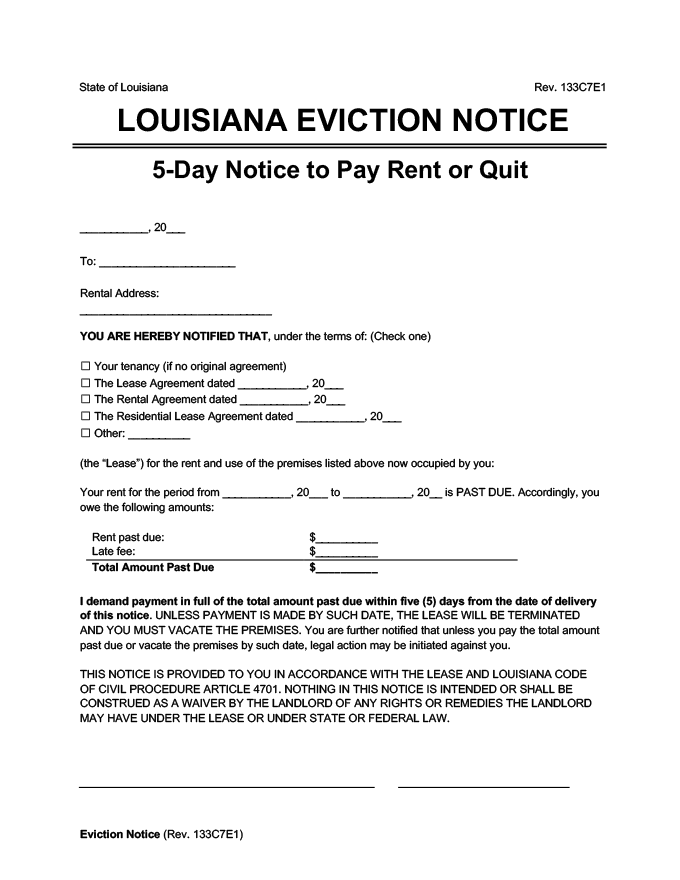 louisiana eviction notice 5 day pay rent or quit