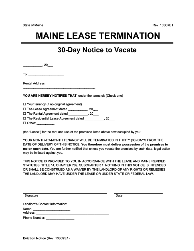 maine eviction notice 30 day notice to vacate