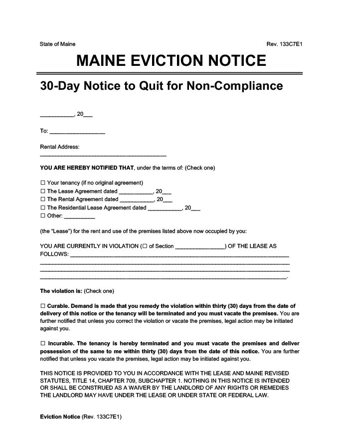 maine eviction notice 30 day comply or quit