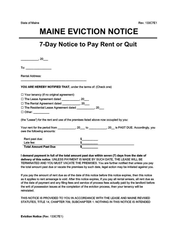 maine eviction notice 7 day pay rent or quit