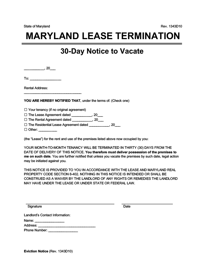 Cessação de arrendamento de 30 dias em Maryland