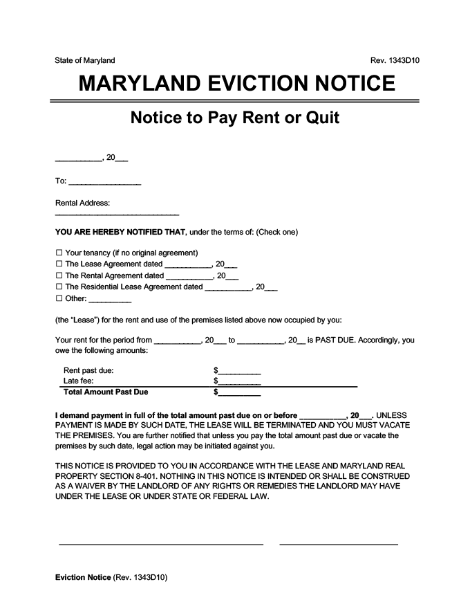 Maryland udsættelsesmeddelelse om at betale husleje eller forlade lejemålet