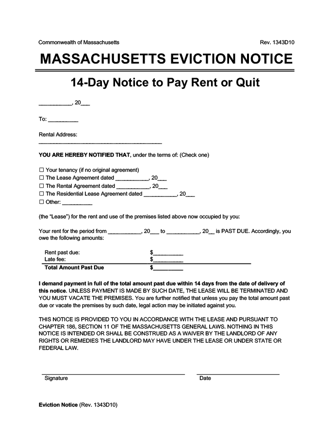 massachusetts eviction notice 14 day pay rent or quit