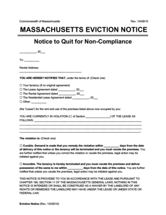 Free Massachusetts Notice to Quit | Non-Compliance | PDF & Word