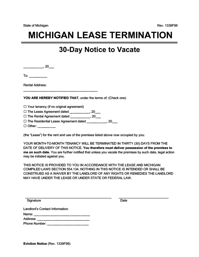 michigan 30 day lease termination