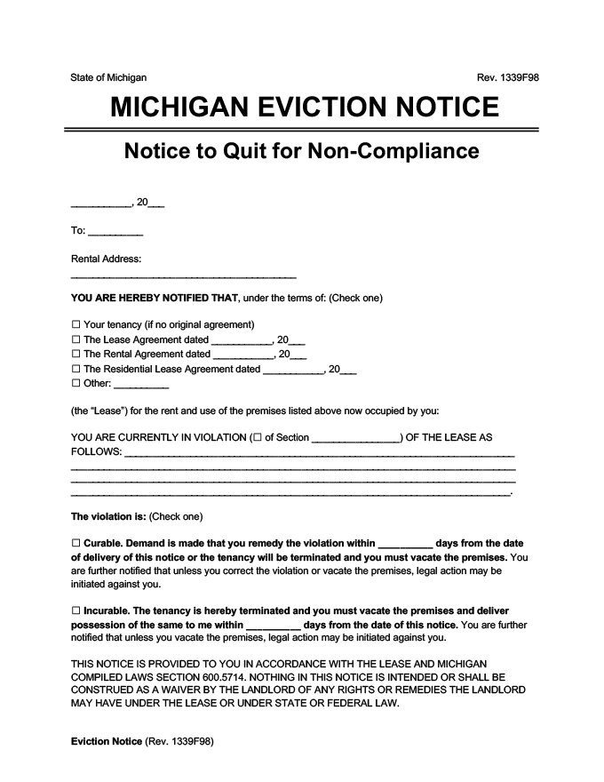 michigan eviction notice comply or quit