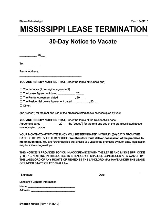 Free Mississippi Eviction Notice Forms Process Laws Word Pdf Eforms 