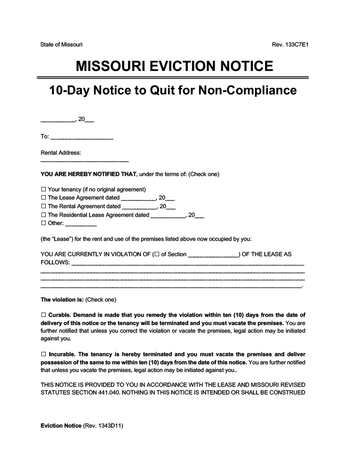 Kostenlose Missouri Eviction Notice Forms Hinweis Zum Beenden Cooper Street