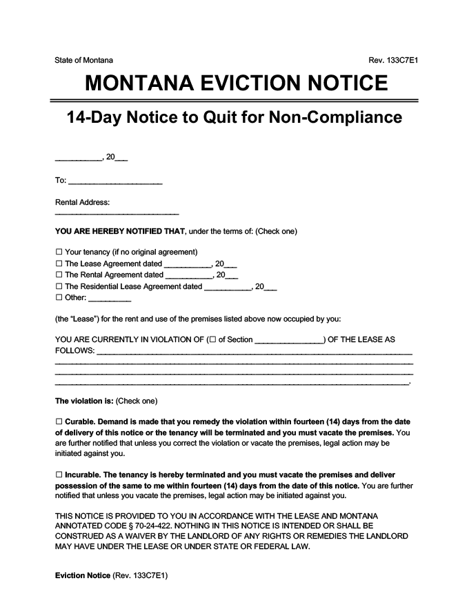 montana eviction notice 14 day comply or quit